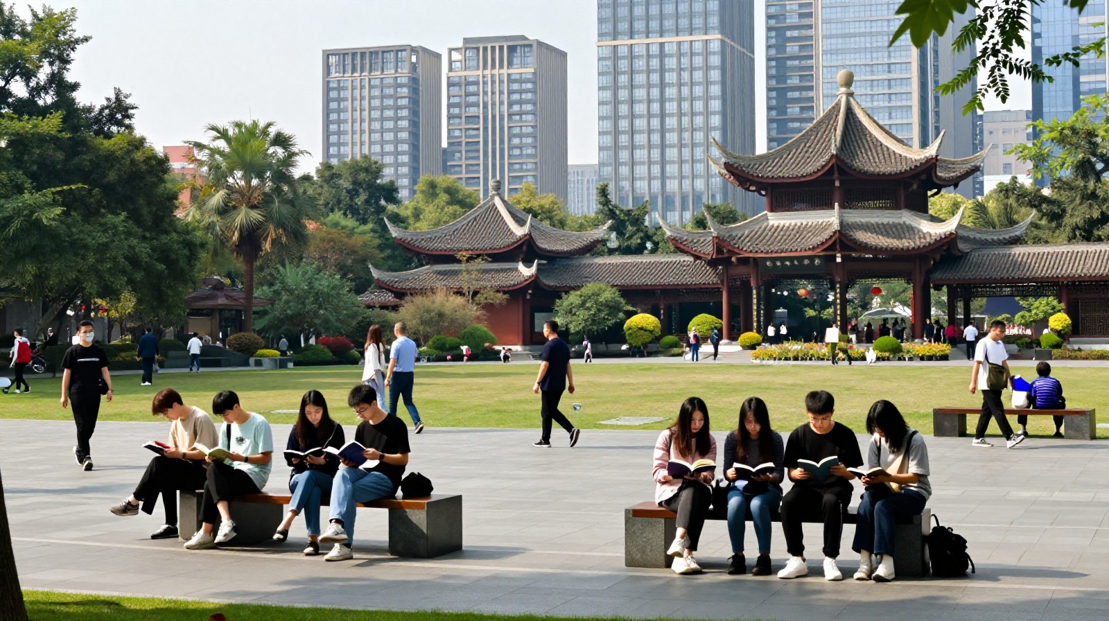 Young people relaxing in a Chengdu park with modern city skyline in the background