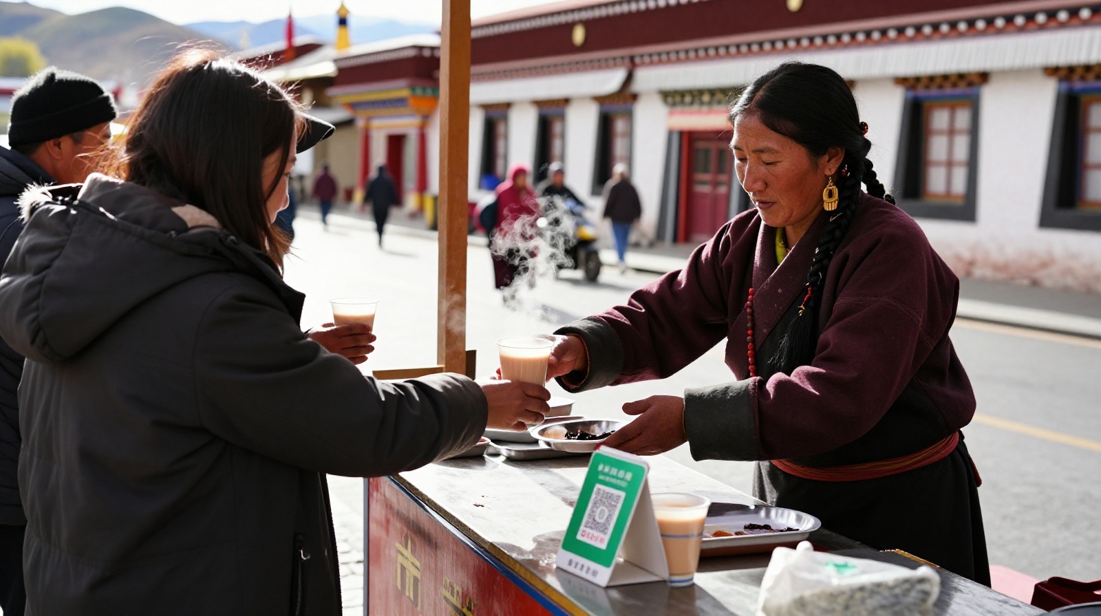 Local Tibetan vendor selling hot drinks and snacks at a mountain roadside stop