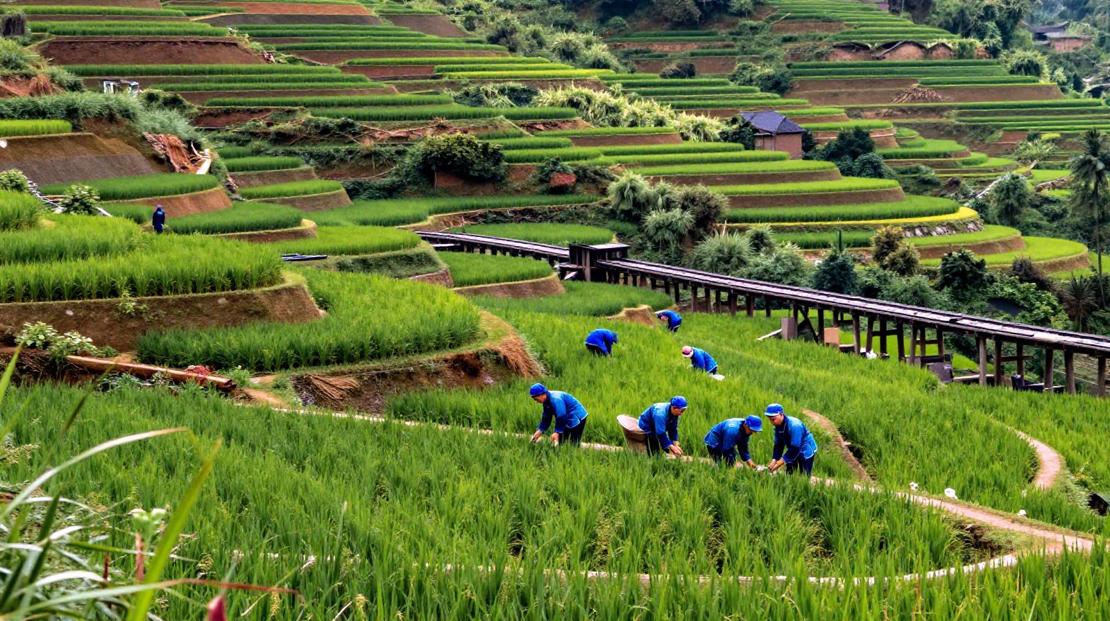 Miao people farming in traditional clothes amidst lush green mountain terraces
