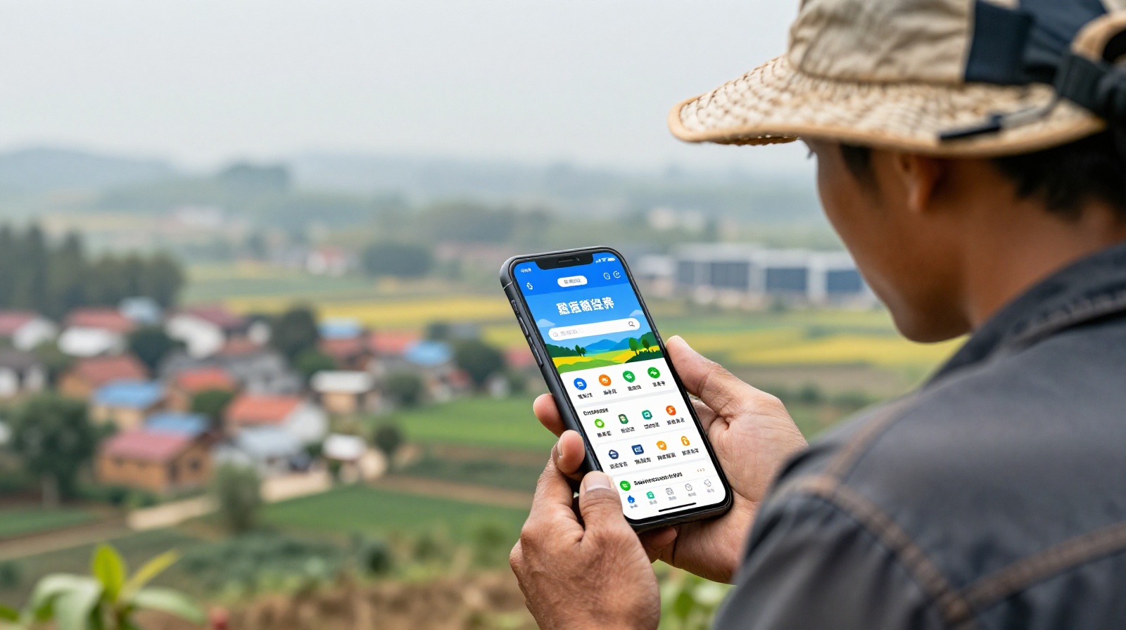 Local farmer using a smartphone to sell products online near his village