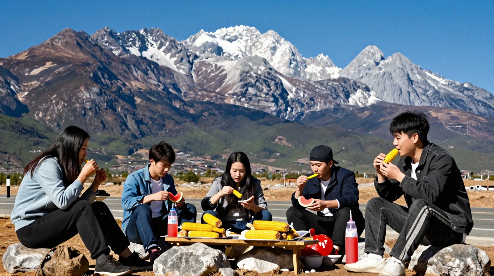 Young travelers resting at a roadside stall in Yunnan with snow mountains visible in the distance