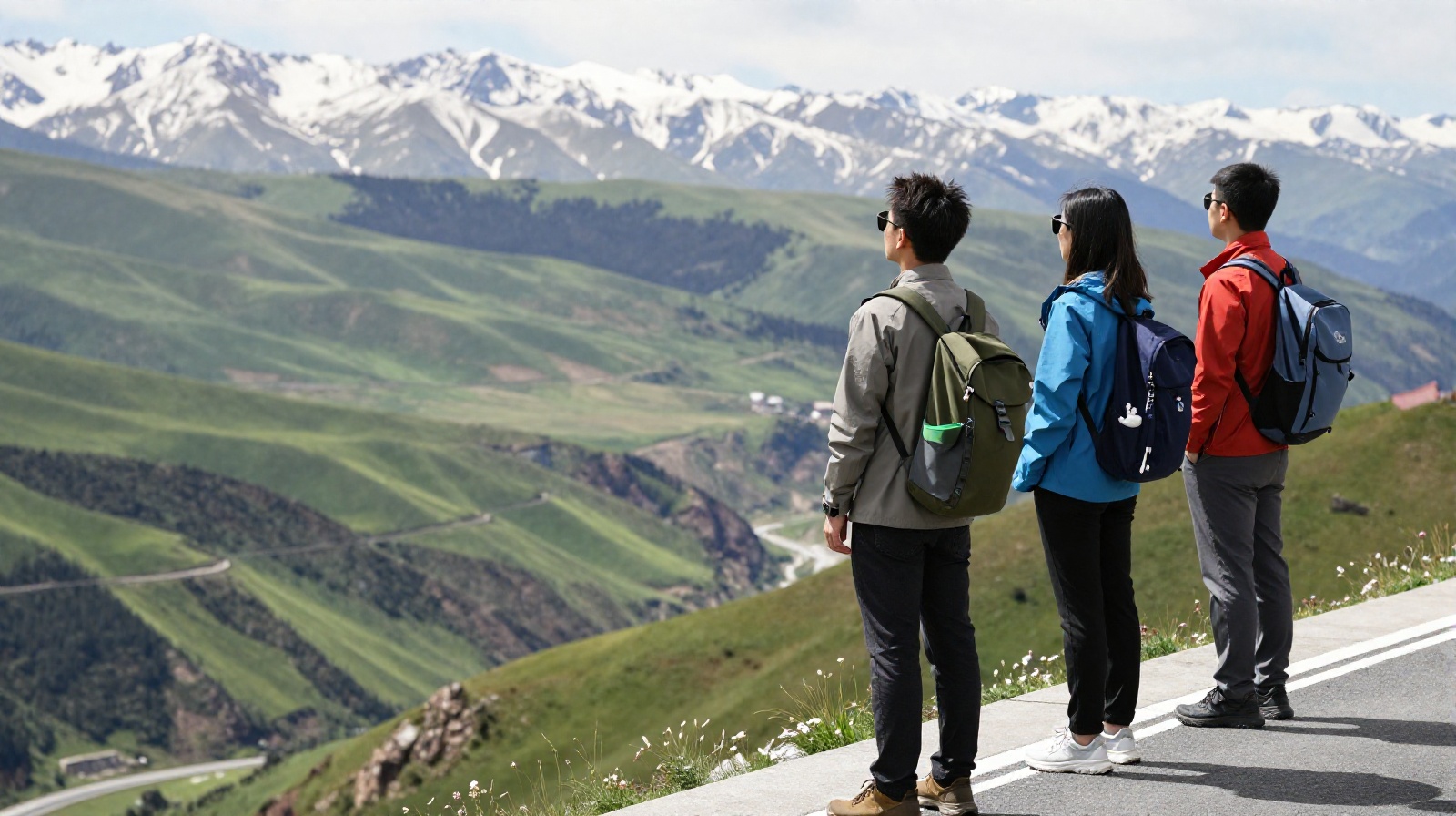 Travelers posing for a photo at a scenic overlook in Yunnan showing the contrast between snow peaks and green valleys