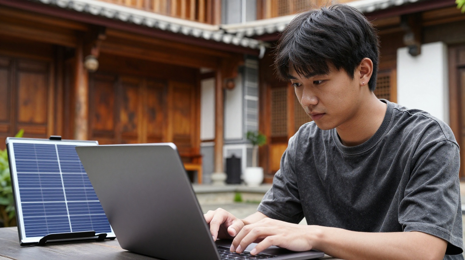 A young man working remotely on a laptop connected to a solar panel in a traditional Chinese courtyard in Dali