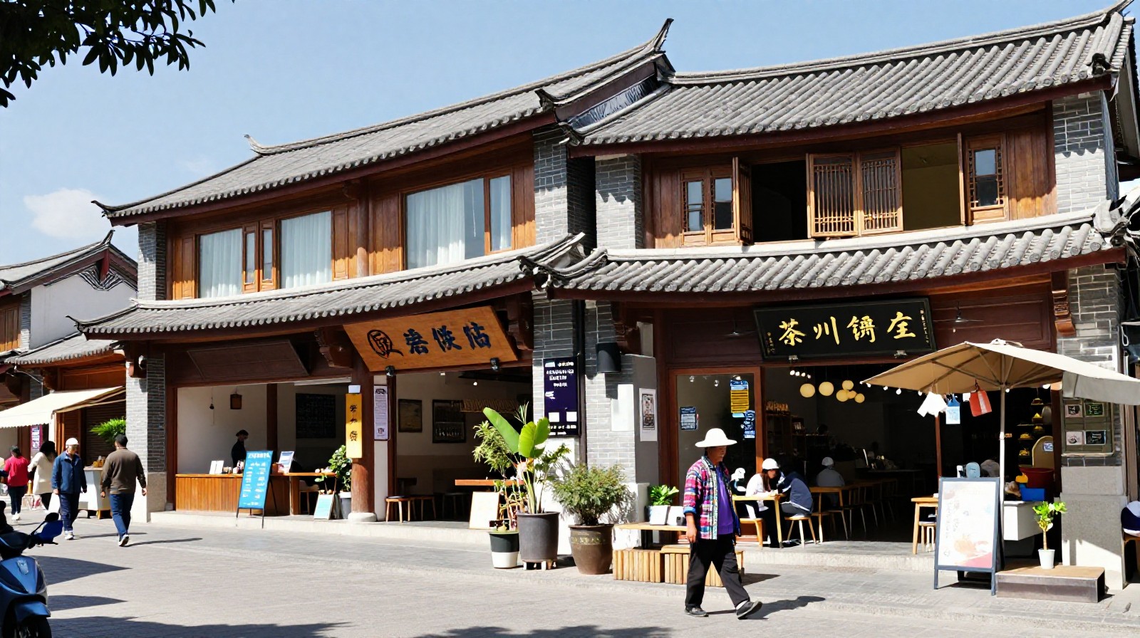 A street view in Dali's art village showing the integration of modern cafes and traditional Bai architecture