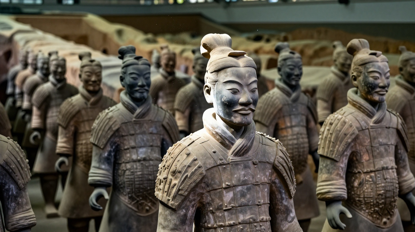 Rows of life-sized Terracotta Warriors inside Hall 1 at the museum, illuminated by dim lighting that highlights their individual facial expressions