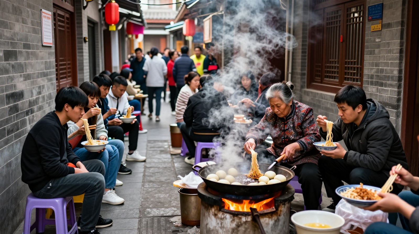 Local vendor frying food in a street stall in Xi'an's Muslim Quarter with customers sitting nearby