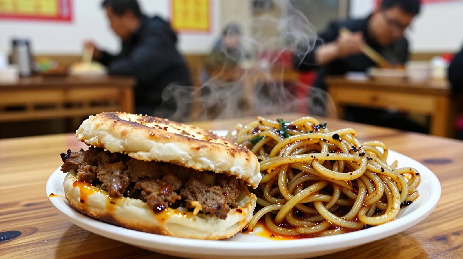 Steaming plate of traditional Chinese street food Roujiamo and spicy noodles served at a local eatery