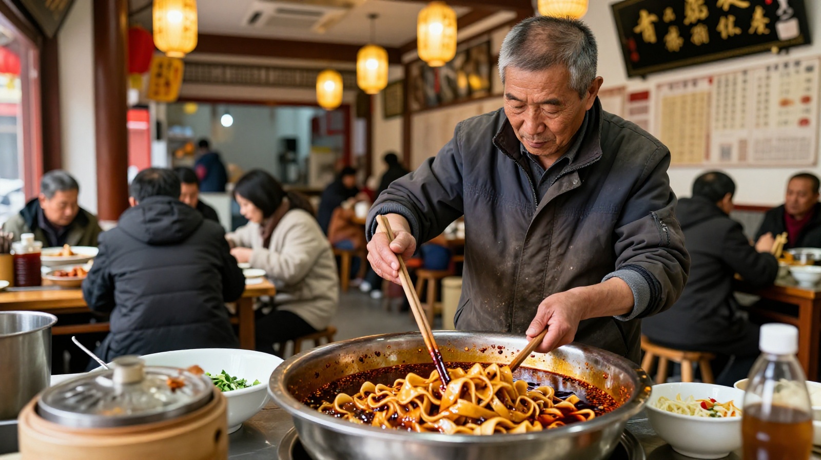 An elderly local resident in a rustic noodle shop in Xi'an mixing red chili oil into a bowl of wide Biangbiang noodles