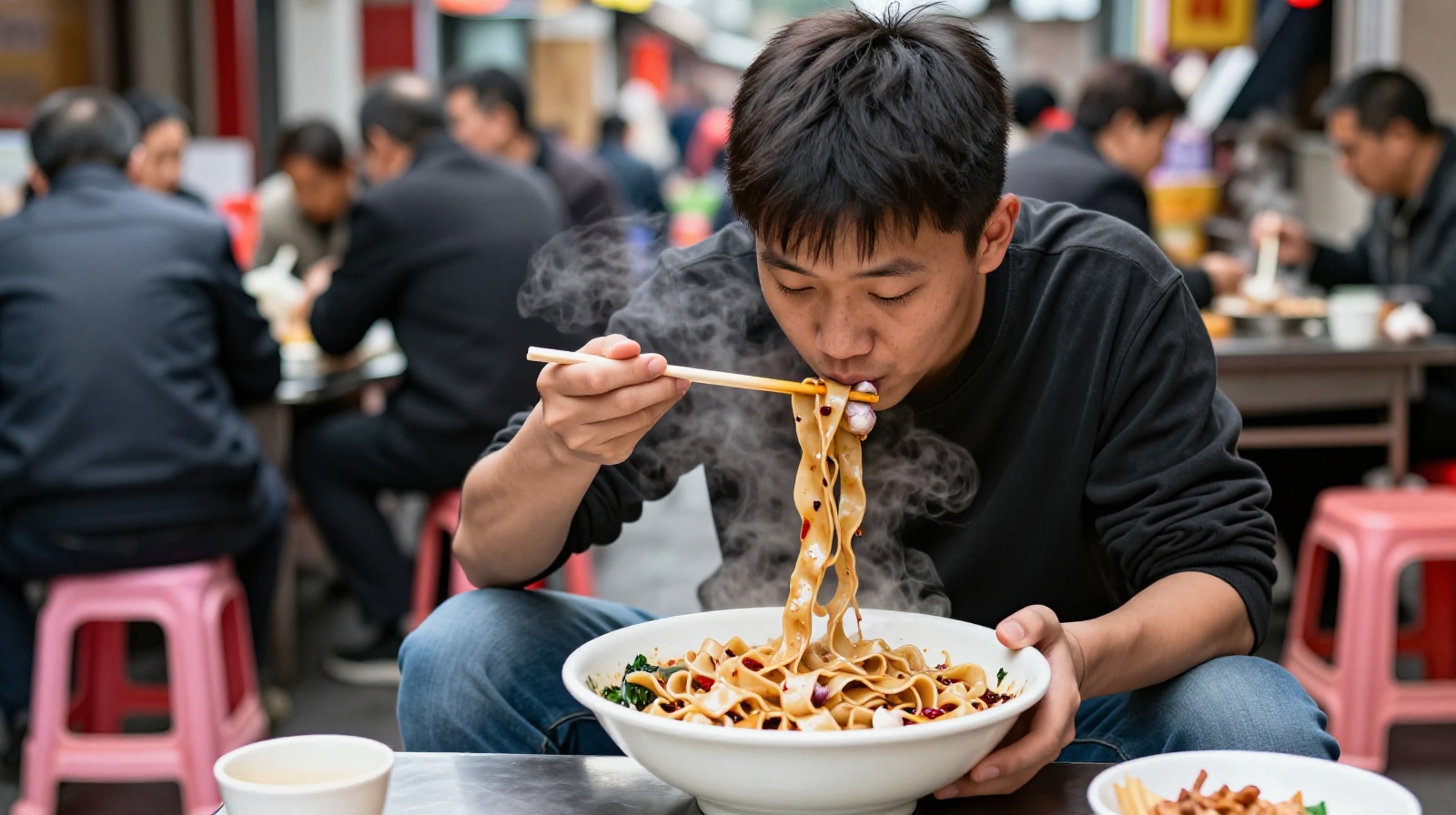 A tourist or local diner eating Biangbiang noodles with a whole piece of raw garlic at a street stall in Shaanxi