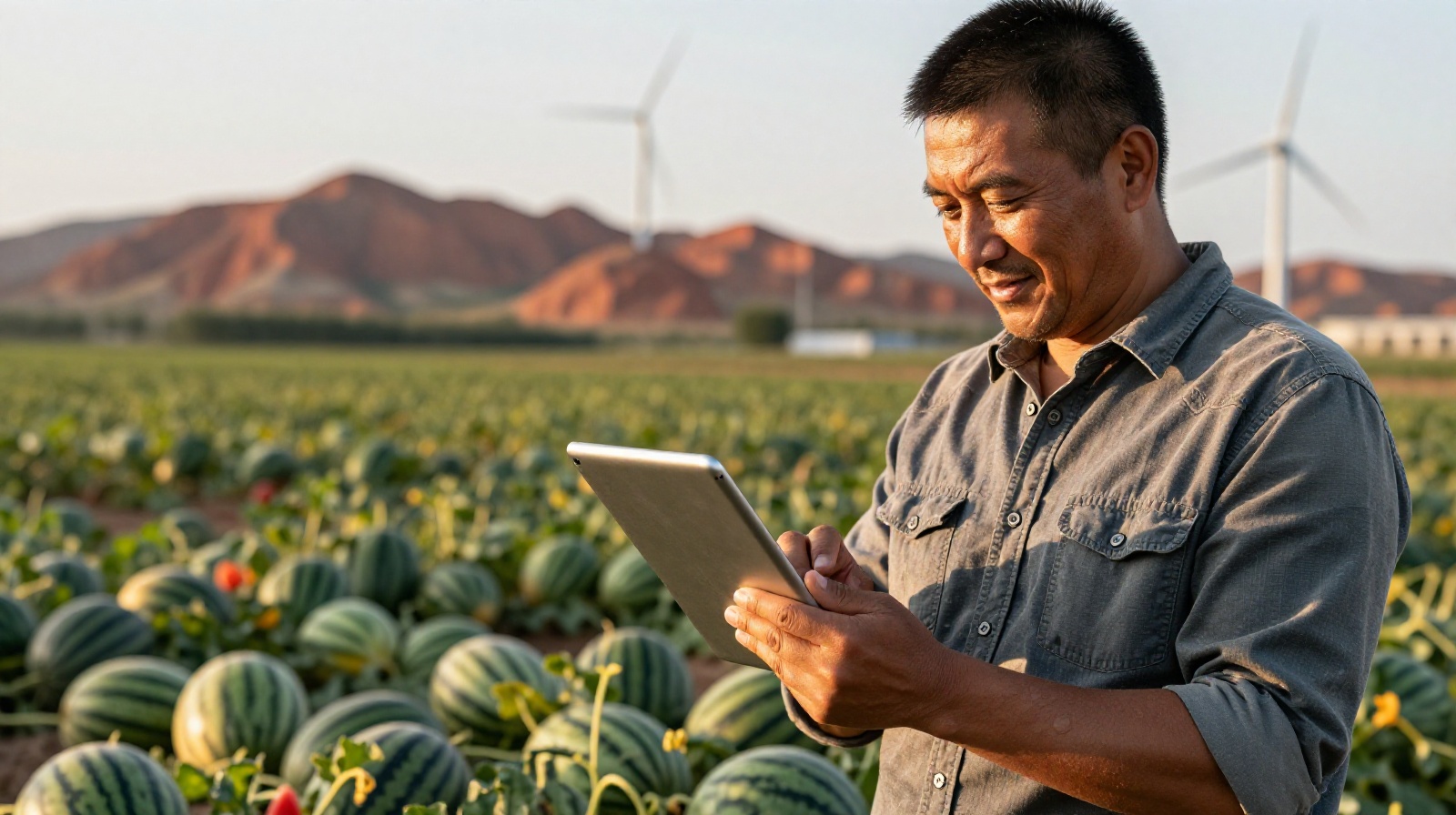 A Chinese farmer in Gansu using a tablet to monitor irrigation in a melon field surrounded by desert wind turbines
