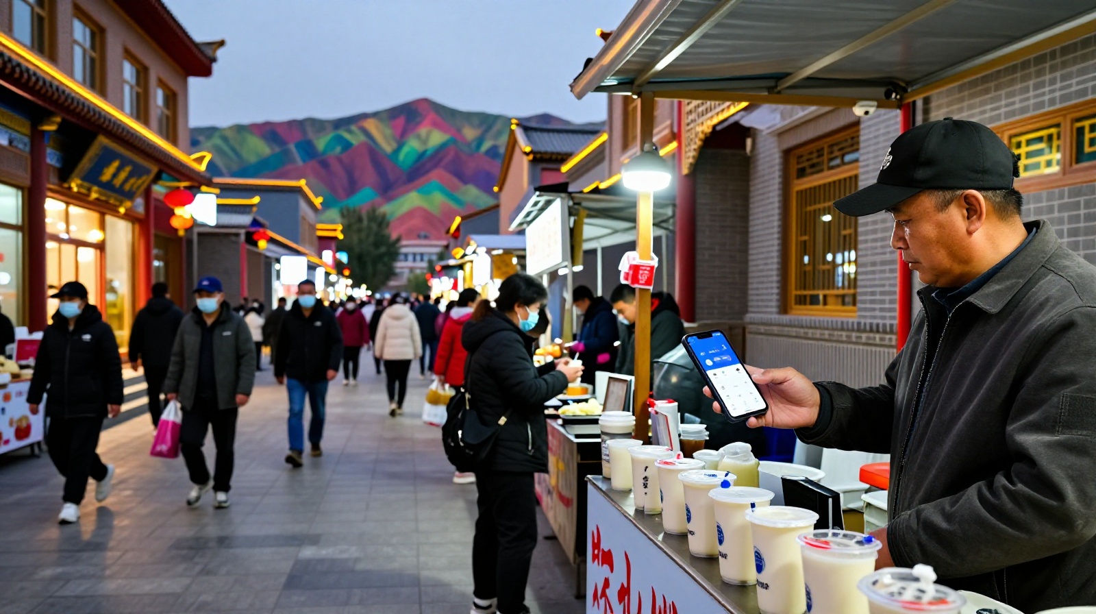 Vibrant night market in Zhangye, Gansu, where locals use mobile payments to buy traditional drinks against the backdrop of colorful mountains