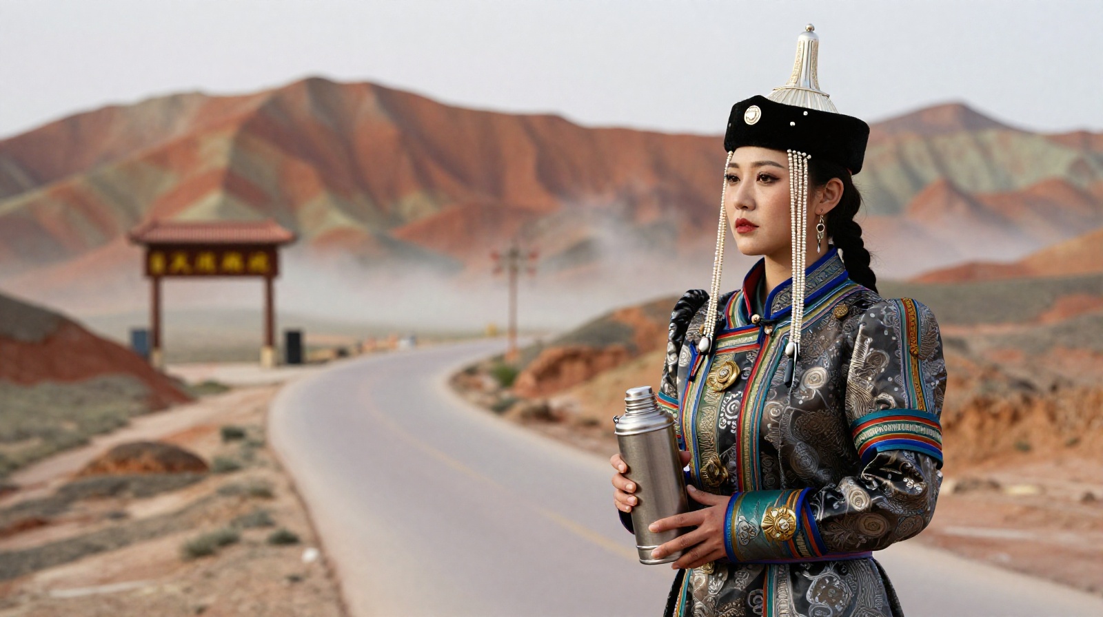 Local resident at the entrance of Zhangye Danxia Geopark during early morning