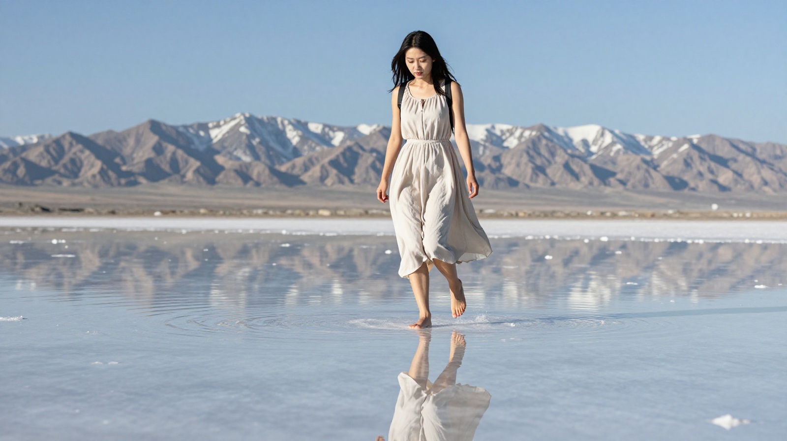 Tourist walking on the reflective surface of Chaka Salt Lake with mountain reflections
