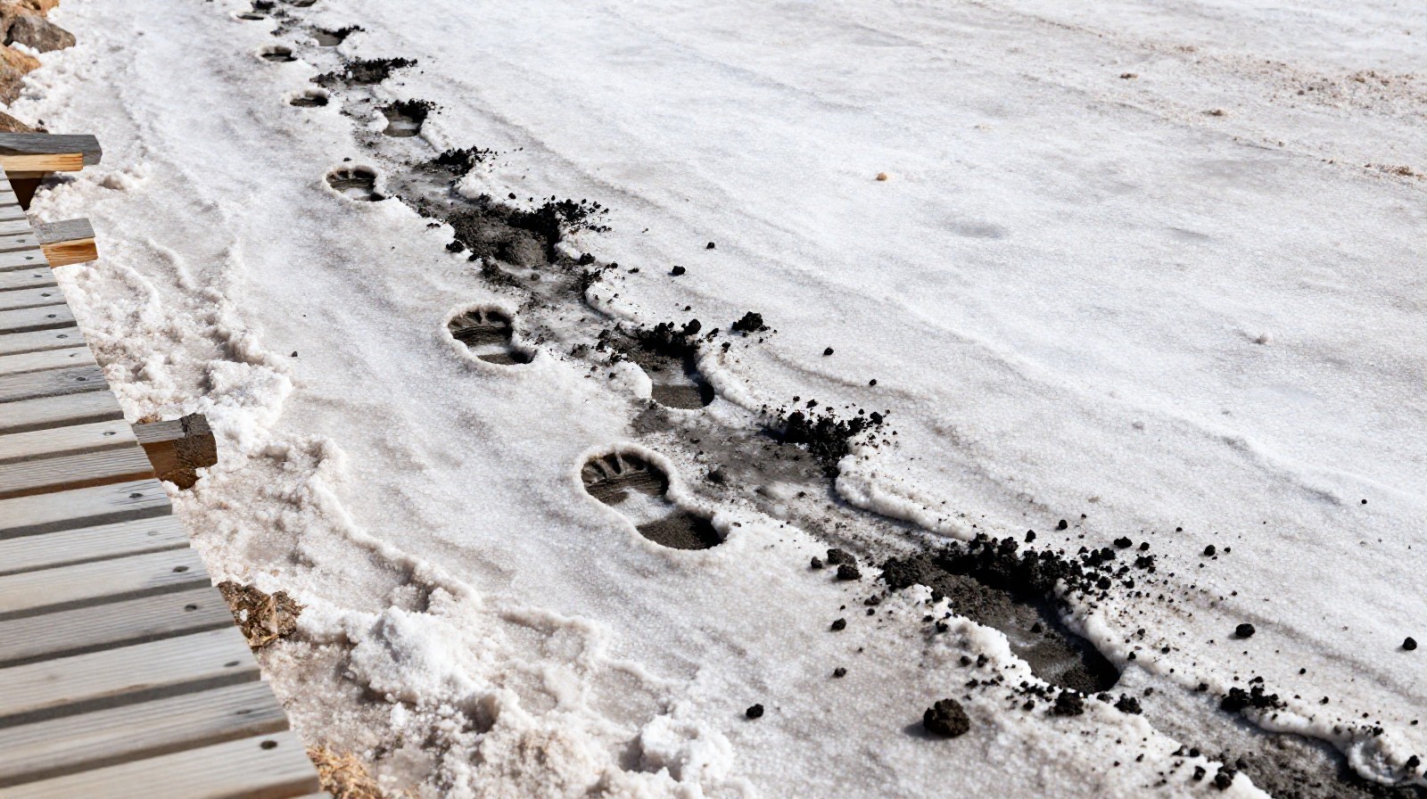 Damaged salt crust and muddy footprints on the lake surface