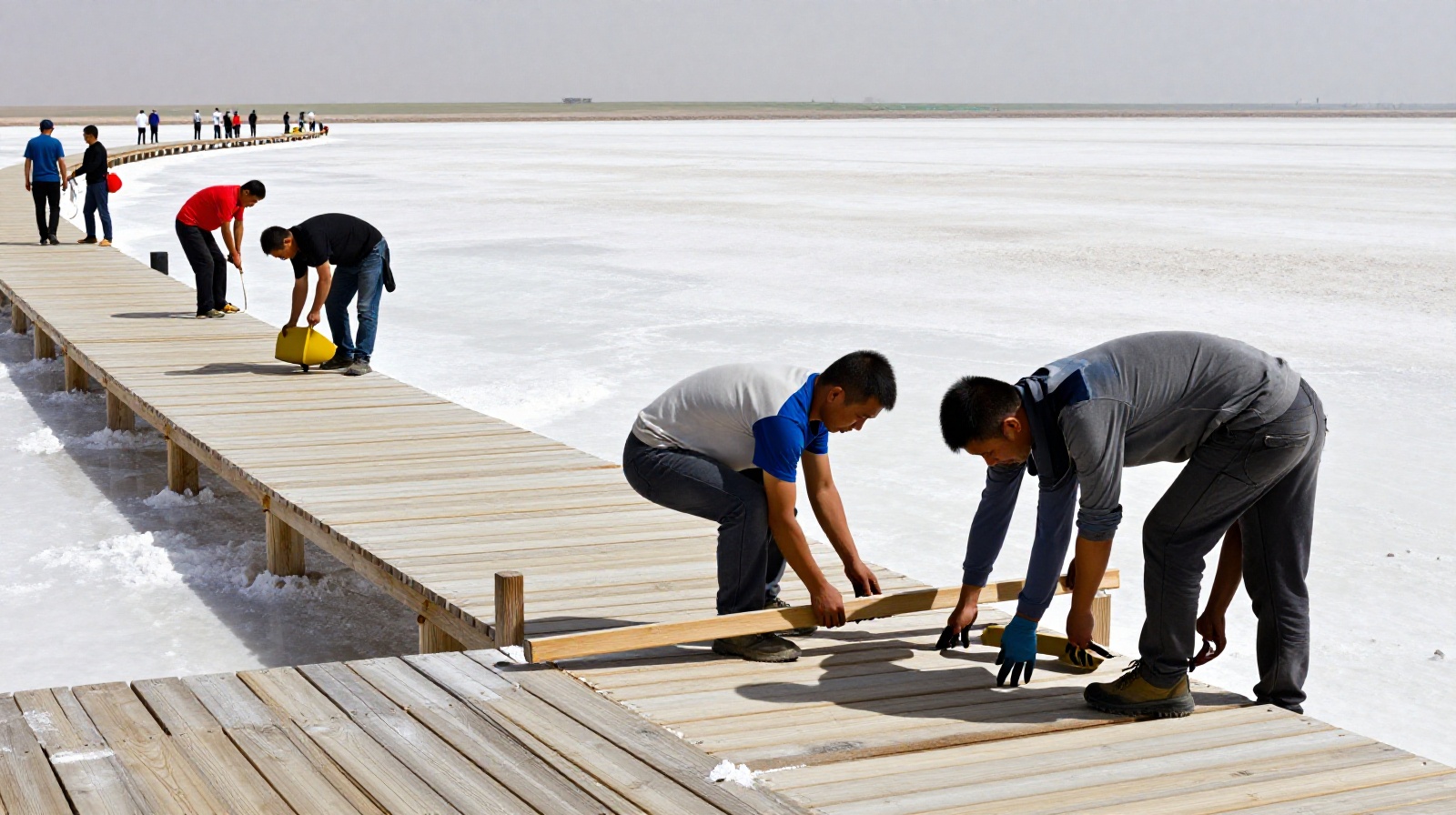 Workers maintaining wooden boardwalks at Chaka Salt Lake for sustainable tourism