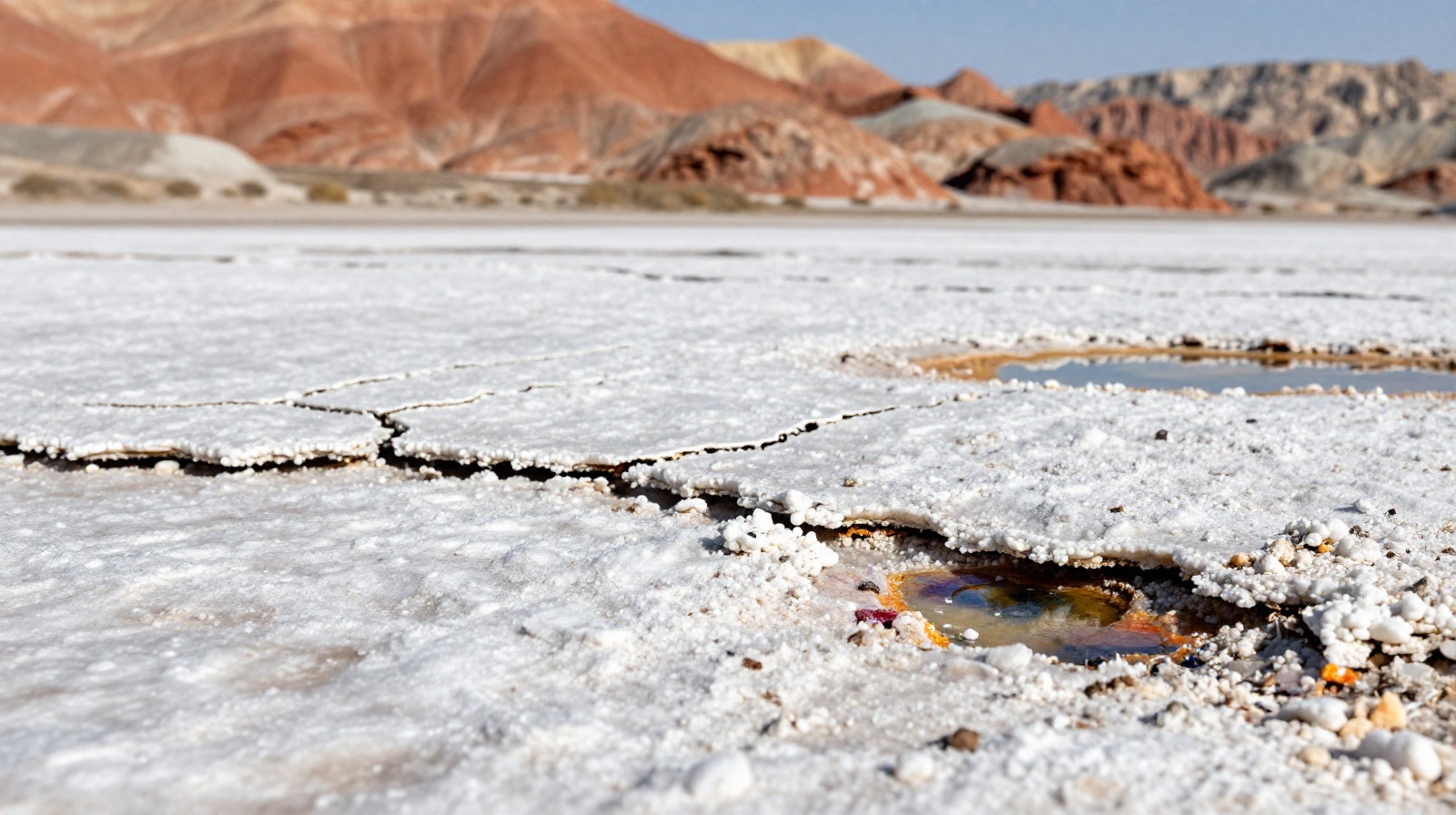 Cracked white salt flat ground with colorful mineral pools and distant red wind-eroded rock formations in Qinghai's Qaidam Basin