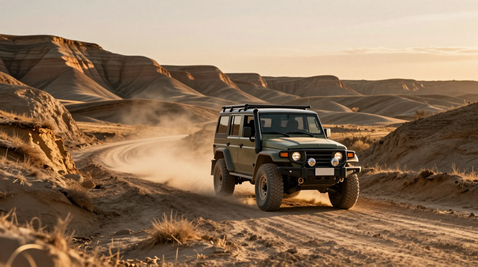 An SUV driving on a dirt road through wind-eroded Yadan landforms in the Qaidam Basin at sunset