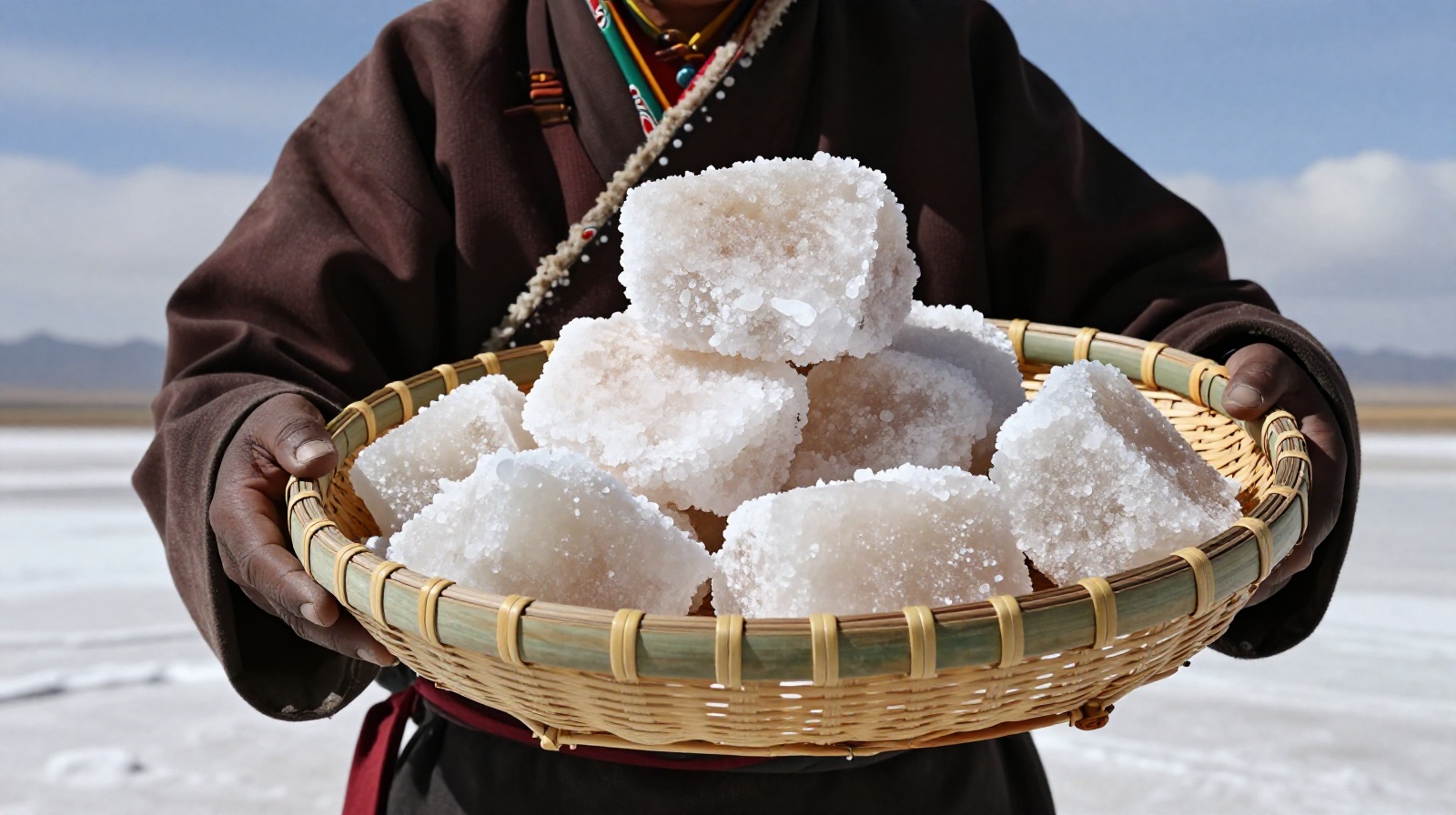 A Tibetan herder harvesting salt at Chaka Salt Lake in Qinghai Province, China