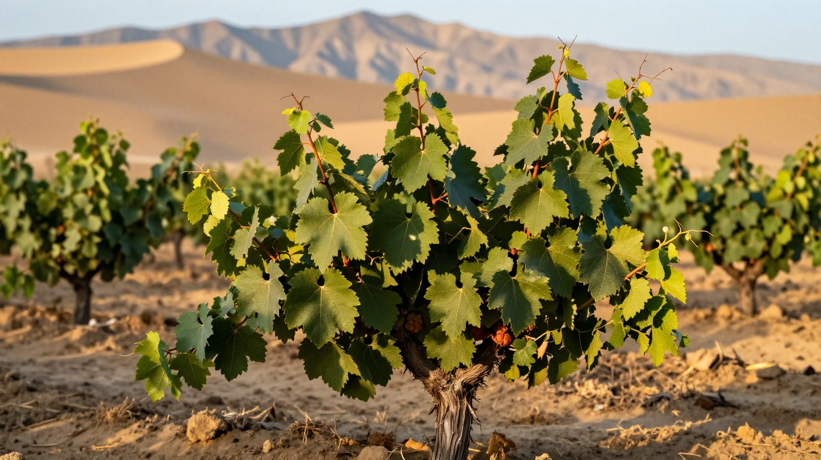 Green vineyard rows contrasting with yellow sand dunes and grey mountains in Ningxia, China