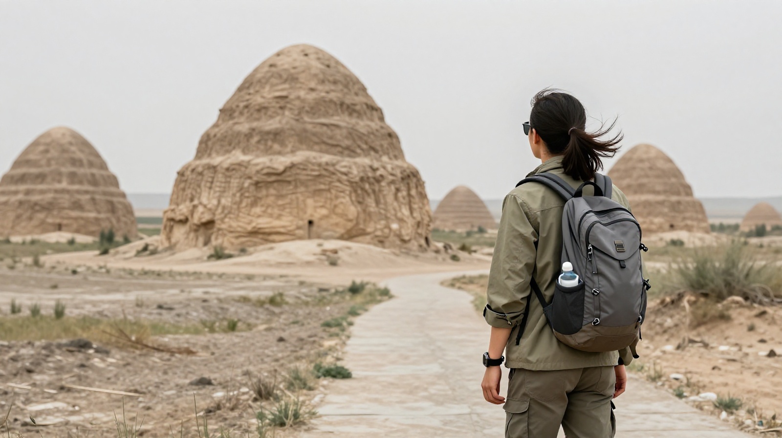 Traveler observing the massive conical earth mounds of the Western Xia Tombs in the Ningxia desert