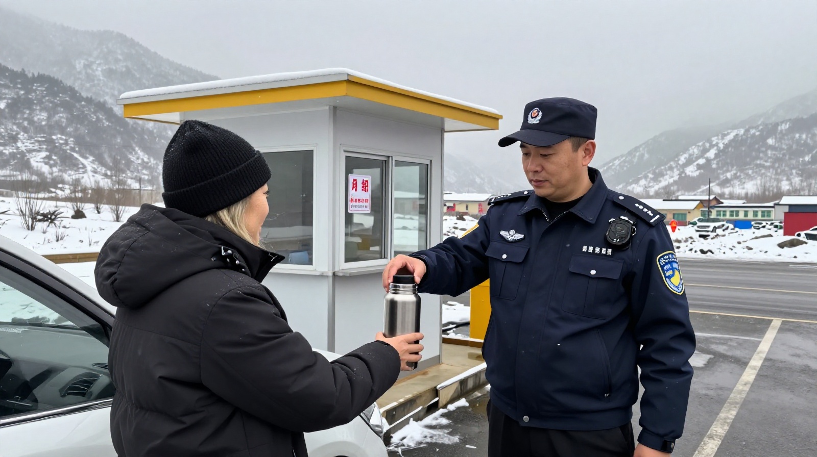 Road safety officer providing hot water to drivers at a snowy checkpoint on the Duku Highway