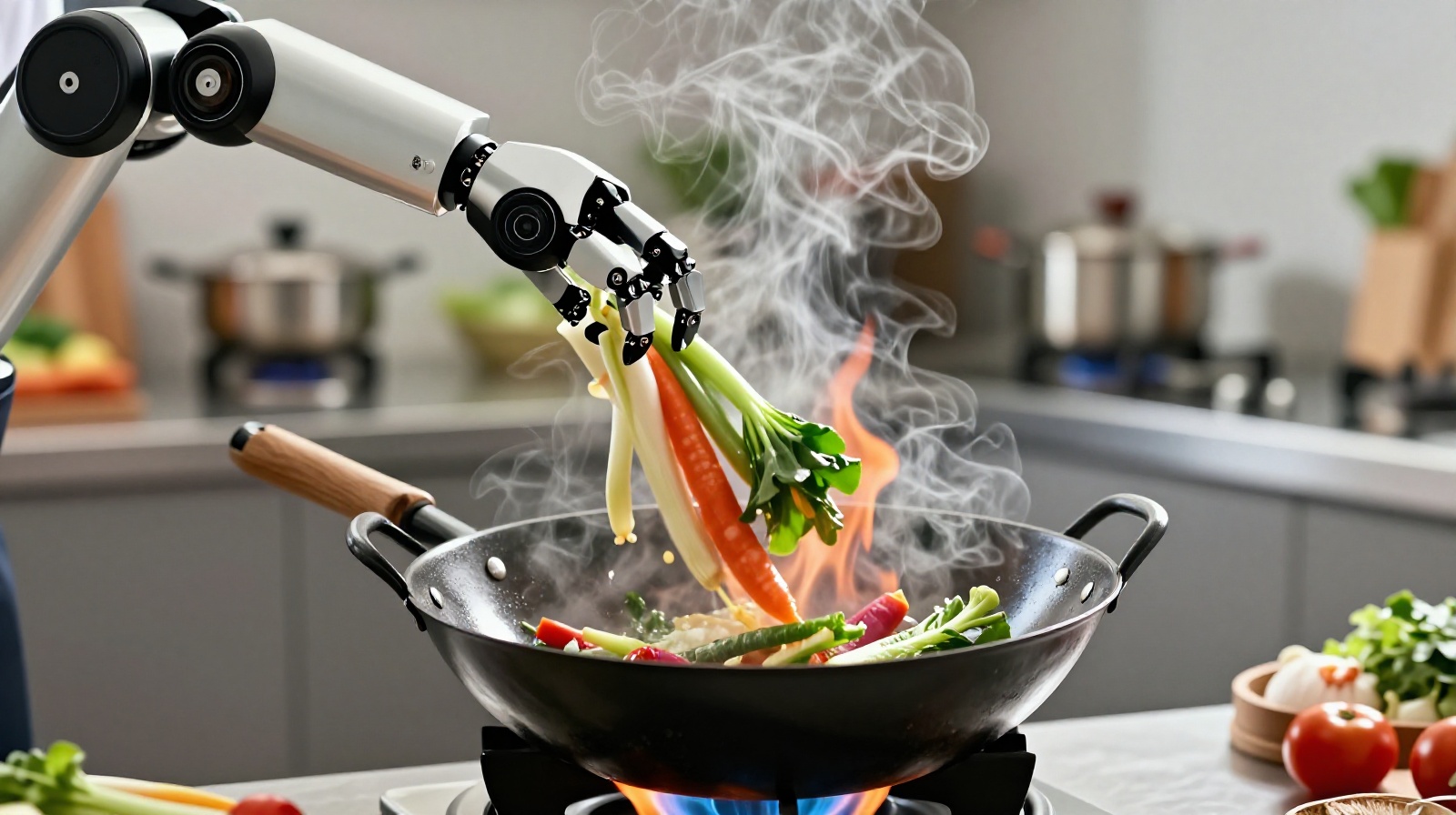 Close up of a robot chef arm stirring ingredients in a hot wok inside a Chinese restaurant