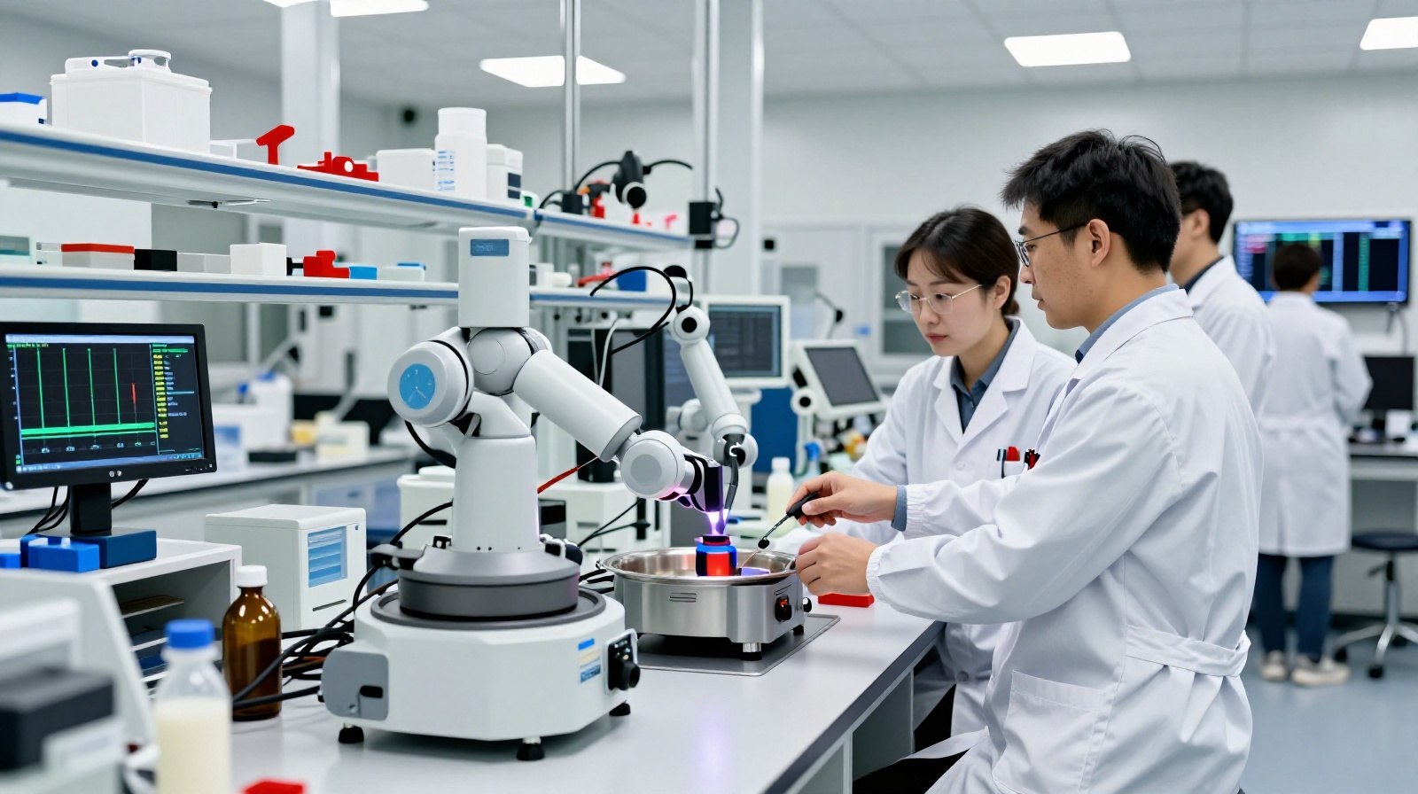 Engineers testing AI cooking robots in a modern food technology laboratory