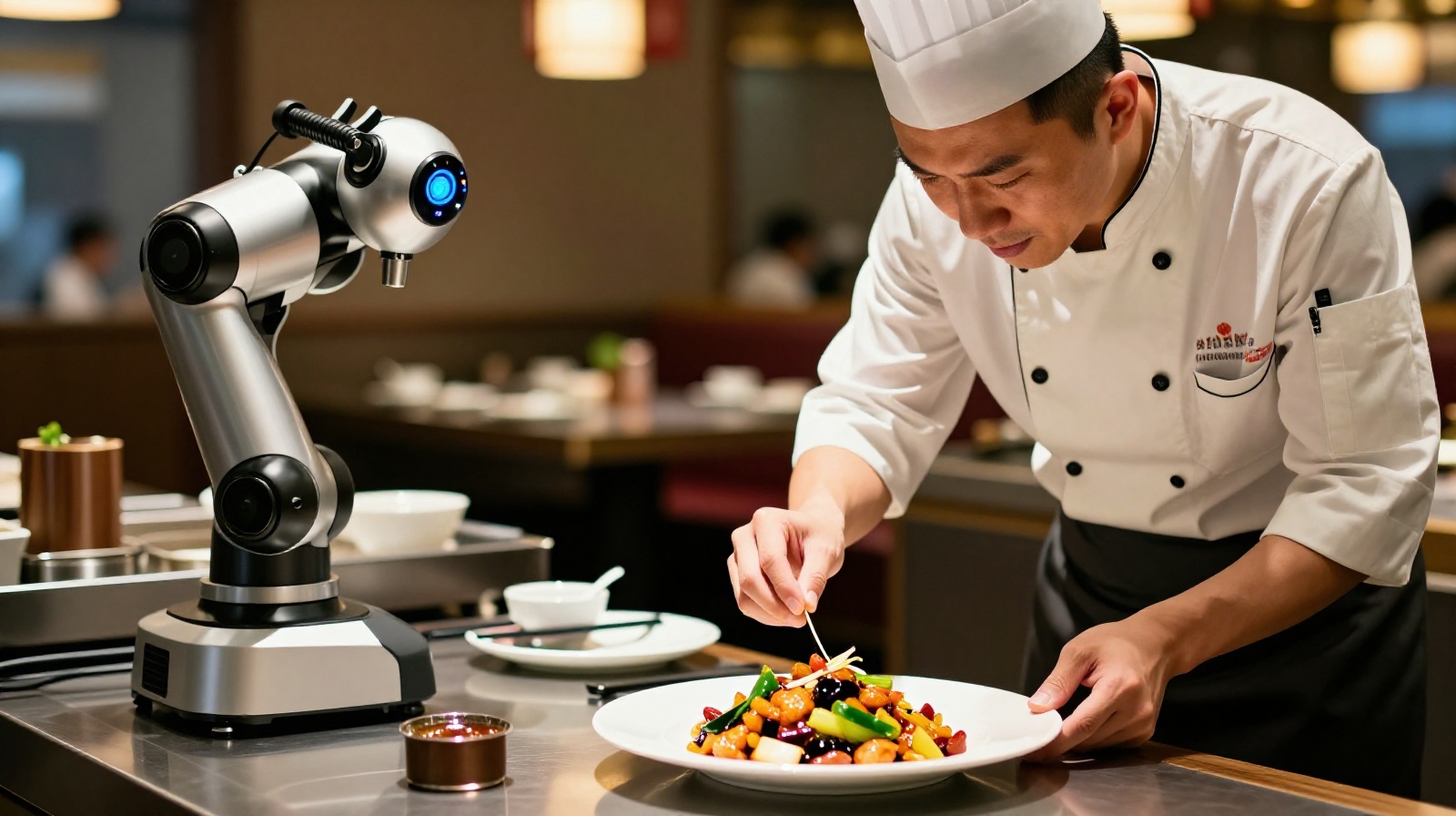Human chef finishing a dish alongside an automated cooking station