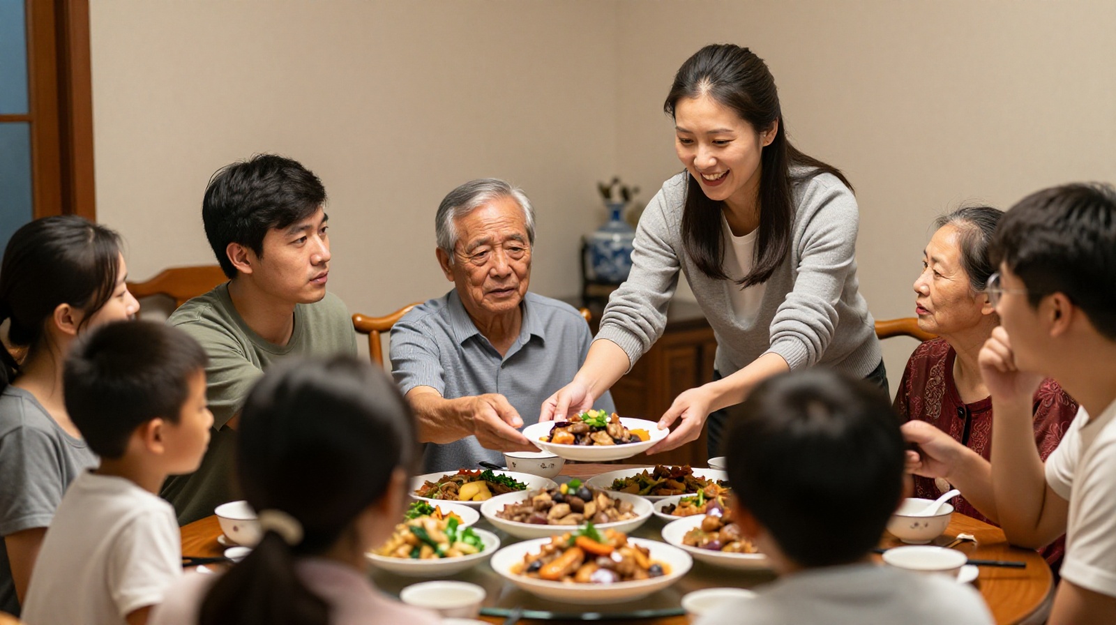 A Chinese family dinner scene where a guest accepts food graciously, demonstrating the importance of maintaining harmony and respect at the table.