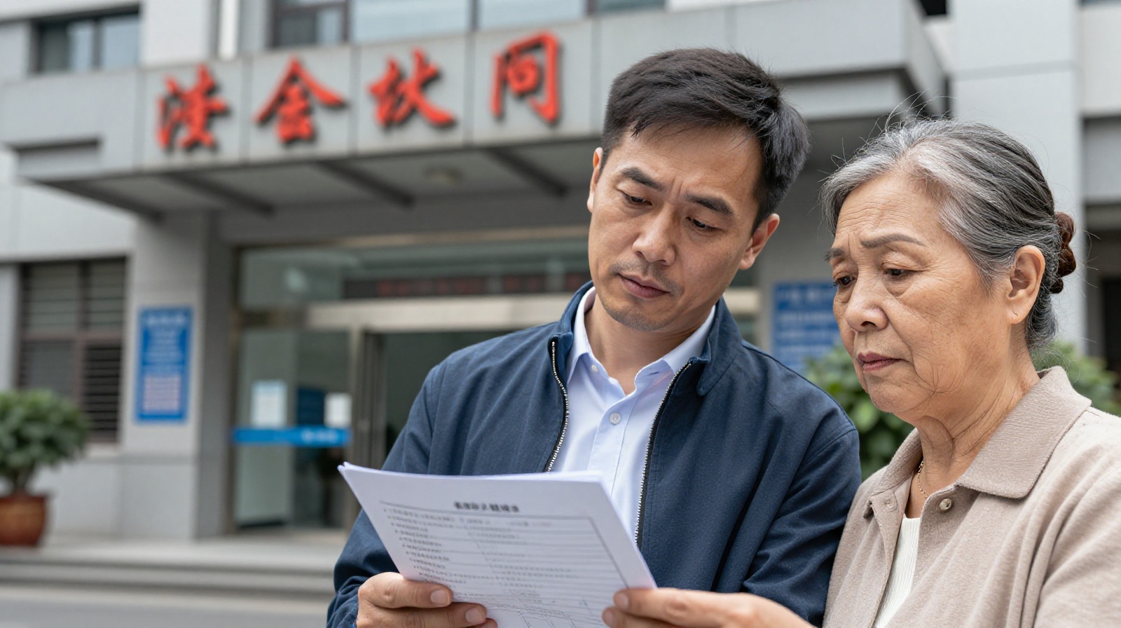 Chinese patient and family member at a hospital entrance after successfully securing an appointment
