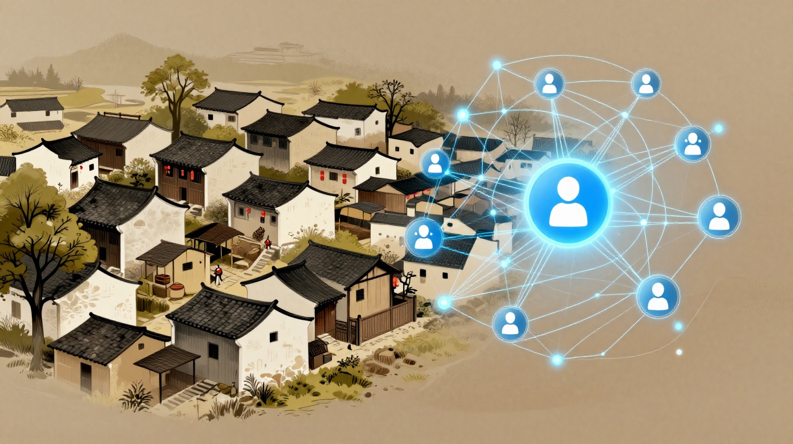 Visual representation of traditional Chinese family values evolving into modern professional networks