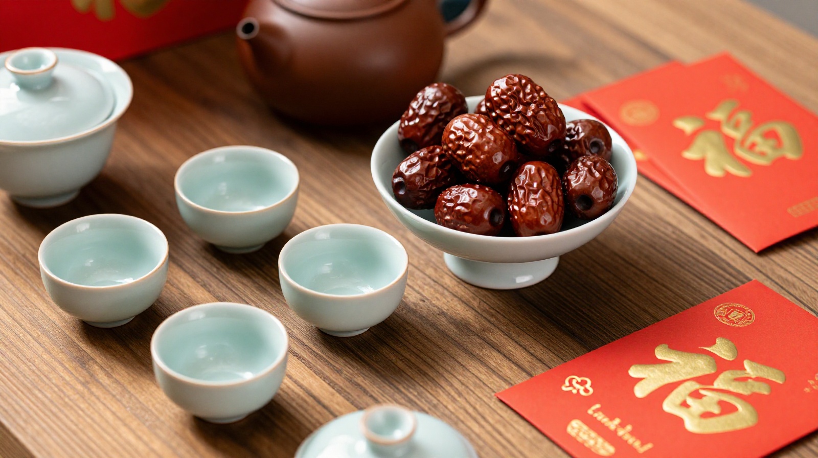 Close-up view of traditional Chinese gifting items including tea sets and red dates on a wooden table