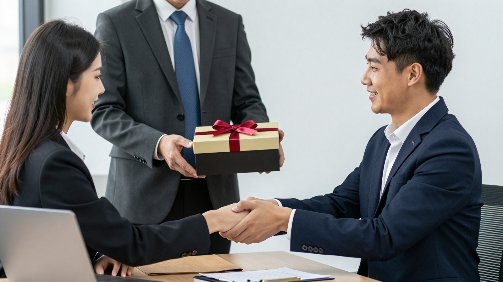 Businessman handing a gift box to his supervisor in a modern Chinese office