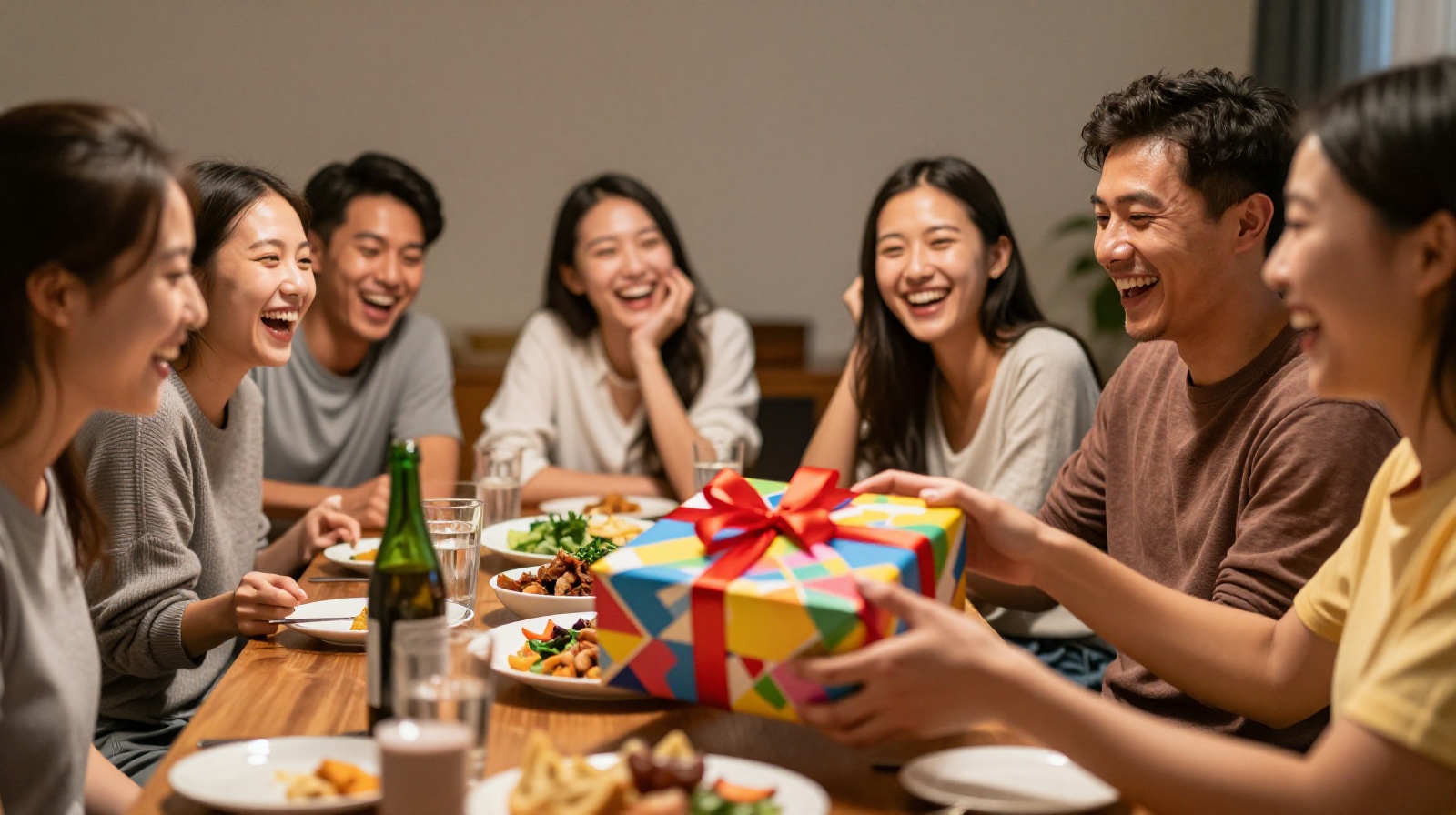 Friends celebrating together while opening gifts at a dinner party