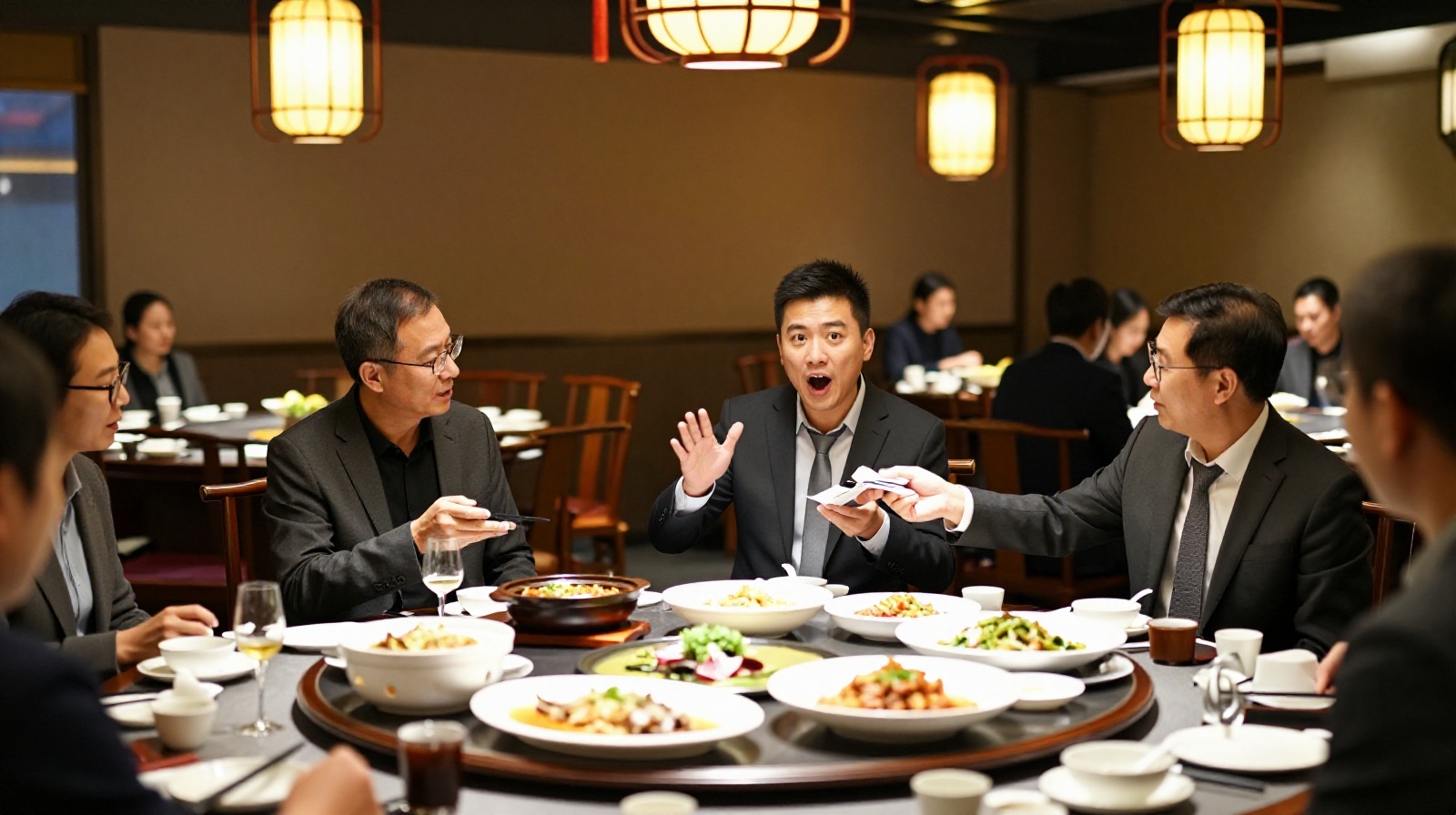 Chinese business dinner scene where host insists on paying for the meal to maintain social harmony