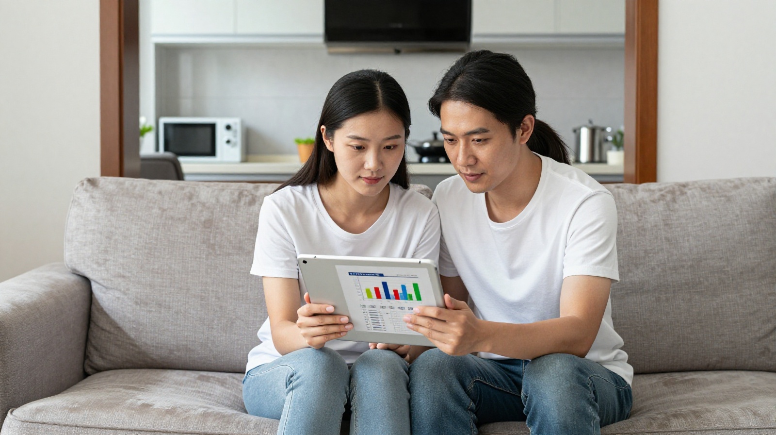 Young Chinese couple managing finances at home, prioritizing practical savings over luxury furniture
