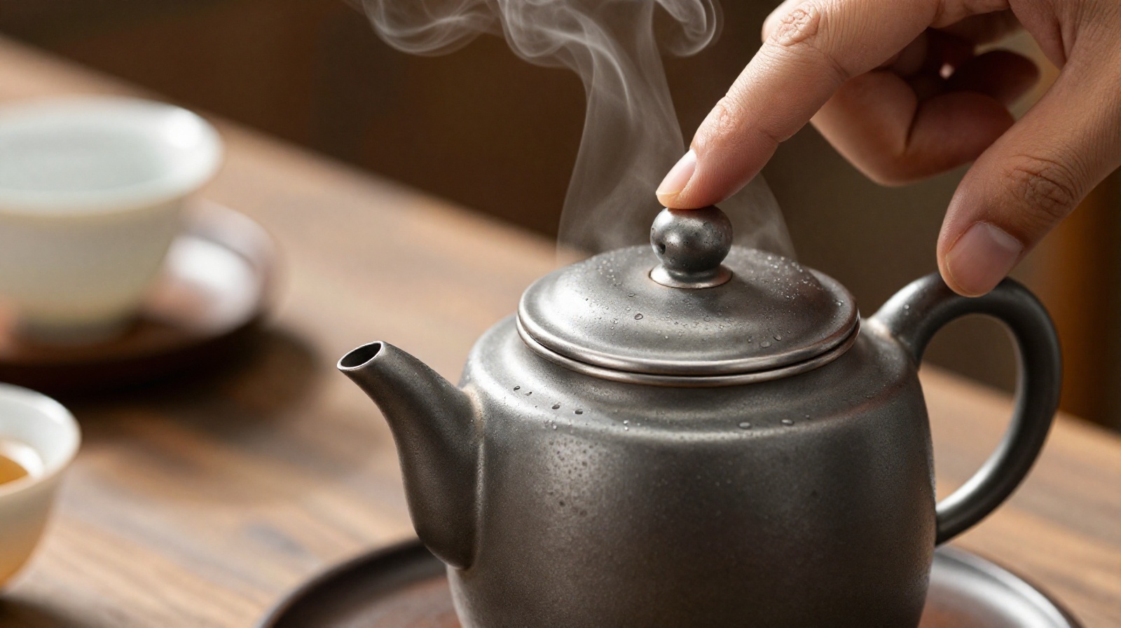 A close-up view of a hand tapping a metal teapot lid on a ceramic cup in a traditional Chinese tea house to signal for more water