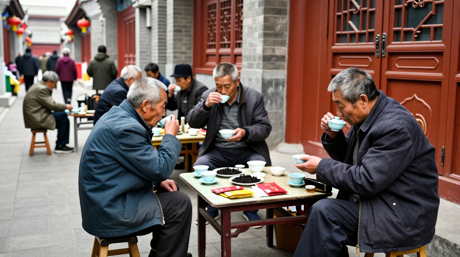Elderly locals chatting at an old-fashioned tea stall in Beijing with tea leaves arranged on a saucer to signal service needs