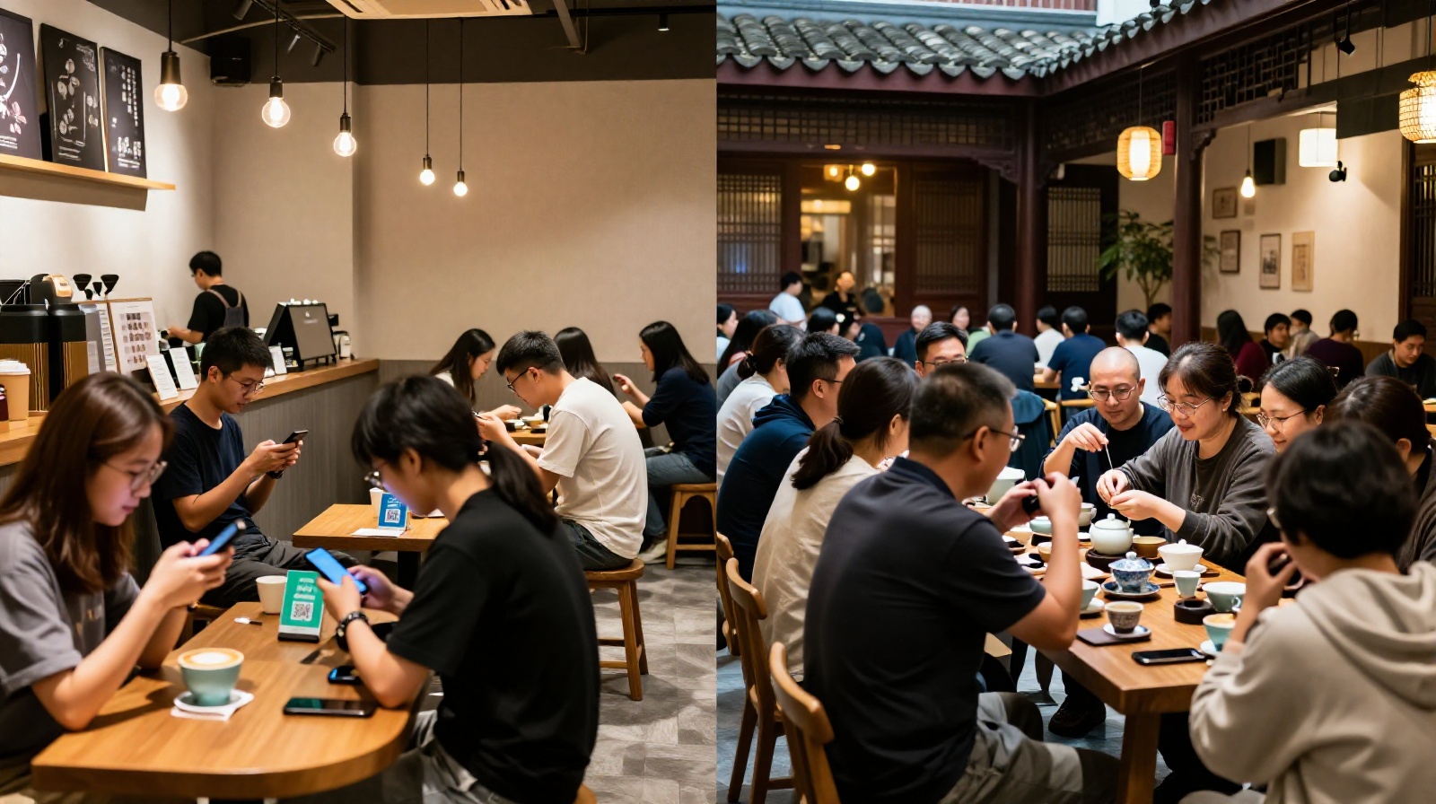 A comparison of modern digital ordering in a cafe versus traditional non-verbal communication in a busy Chinese tea house