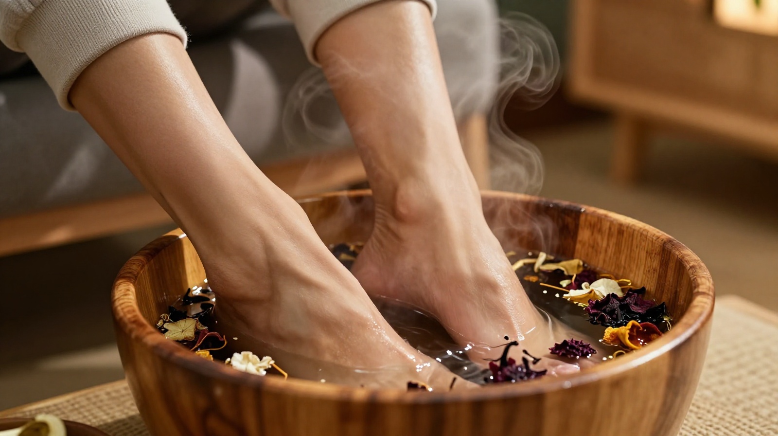 Young Chinese office worker soaking feet in an herbal bath basin at home to relieve stress after work