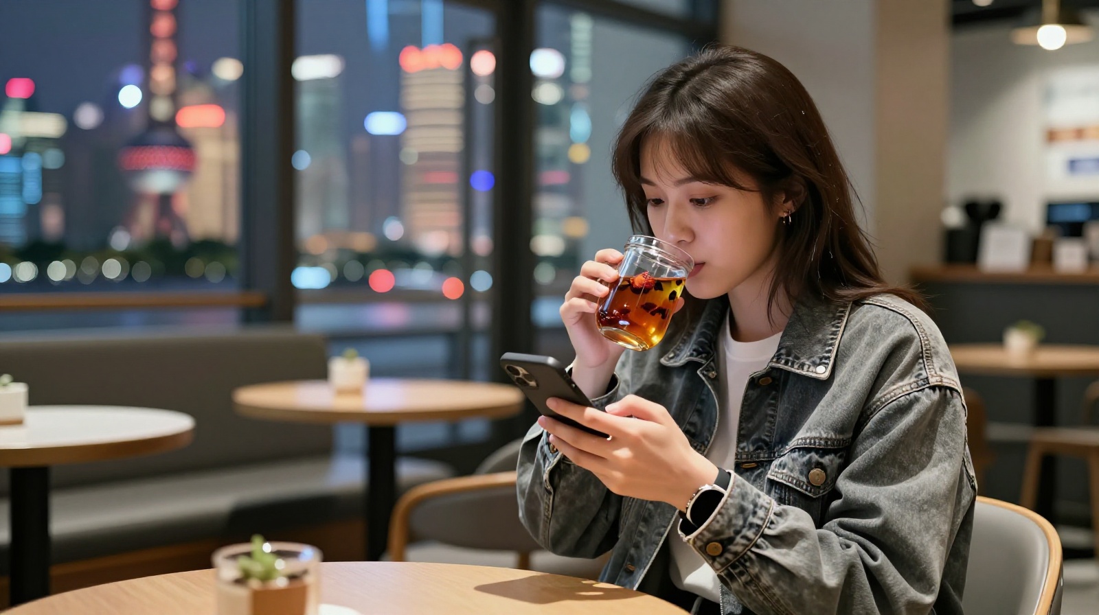 Young Chinese woman enjoying herbal tea in a modern cafe while using her mobile phone