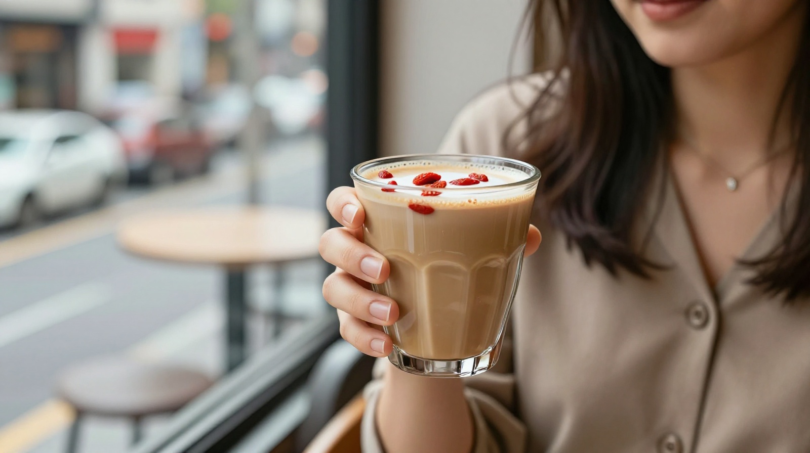 Young woman drinking traditional herbal coffee with goji berries in a modern Shanghai cafe