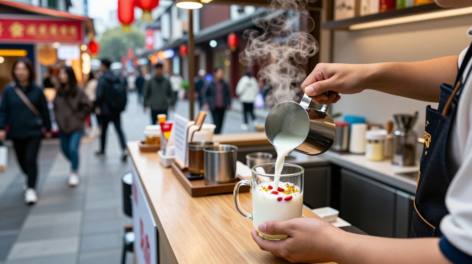Barista preparing herbal tea latte with jujube and ginger on a busy Chinese street