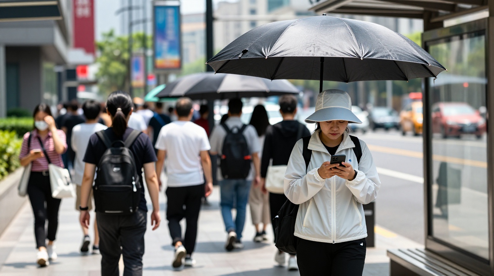 Chinese pedestrians using black umbrellas and wearing sun-protective clothing on a sunny city street