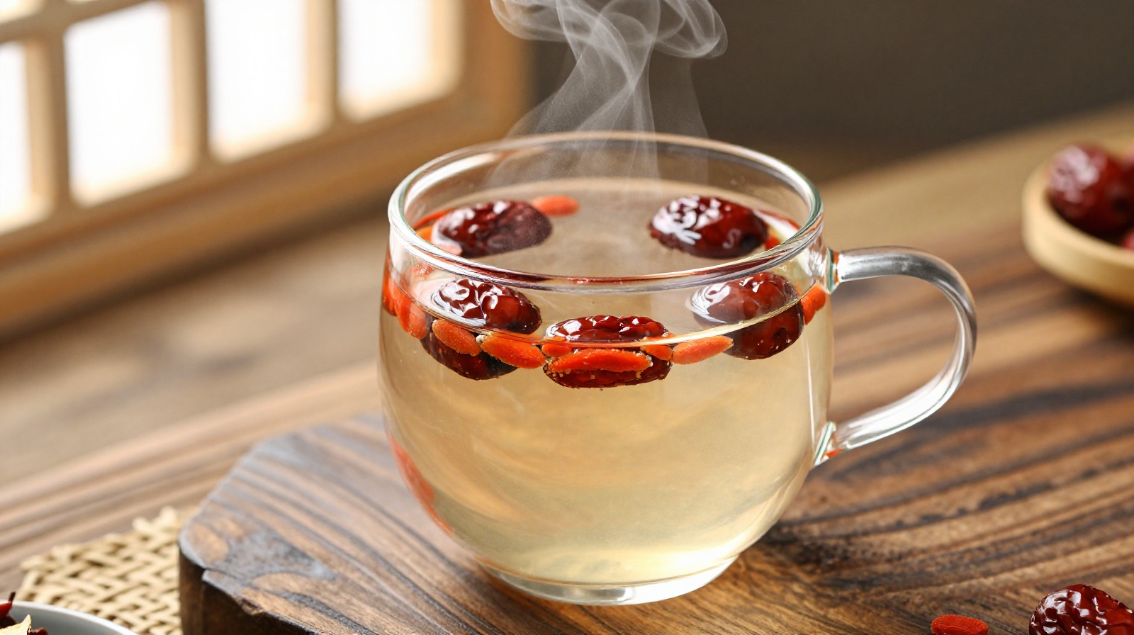 A steaming glass cup of traditional Chinese herbal tea with red dates and goji berries on a wooden table
