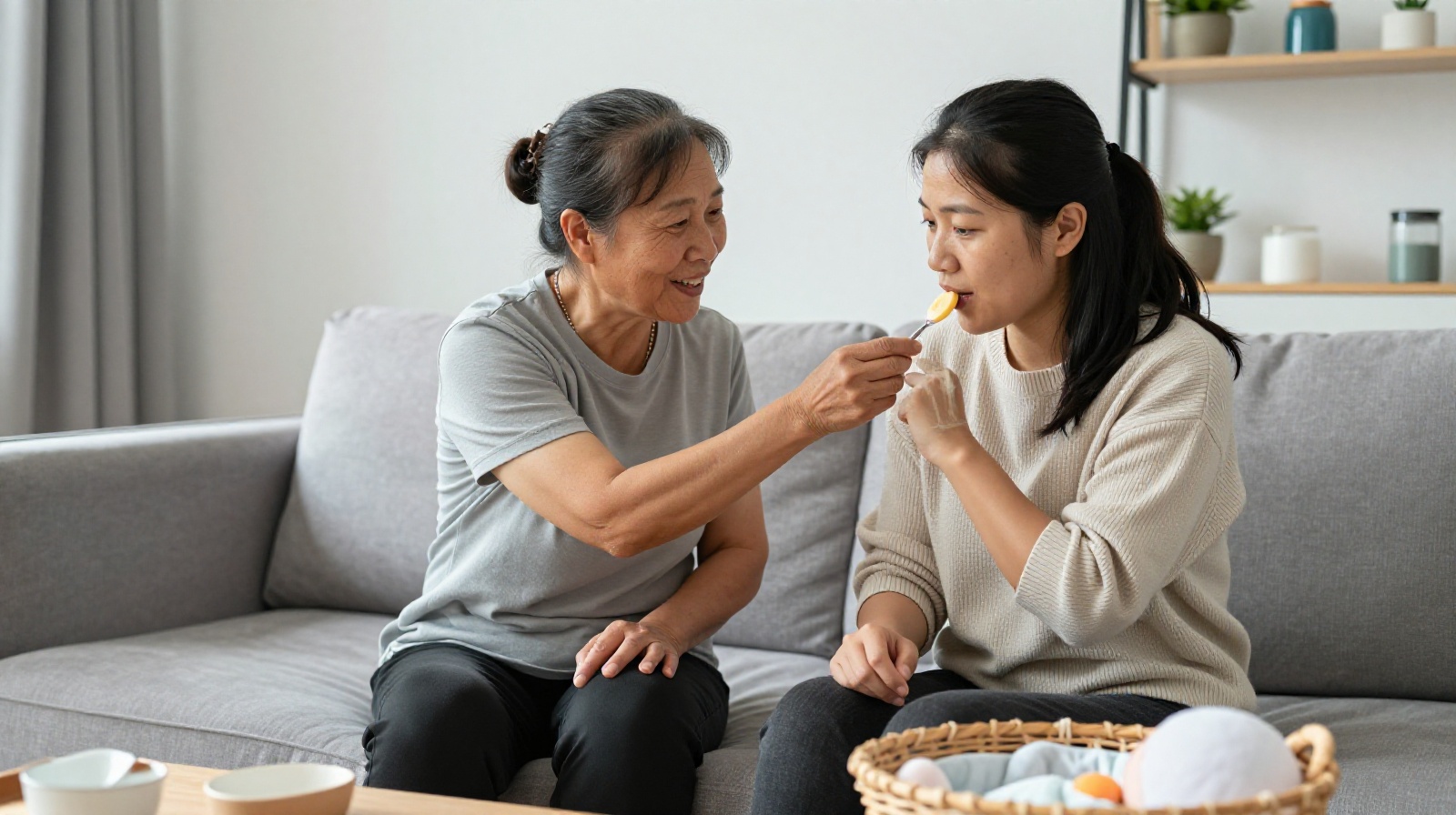 An elderly Chinese woman feeding soup to a new mother sitting on a sofa with a baby nearby