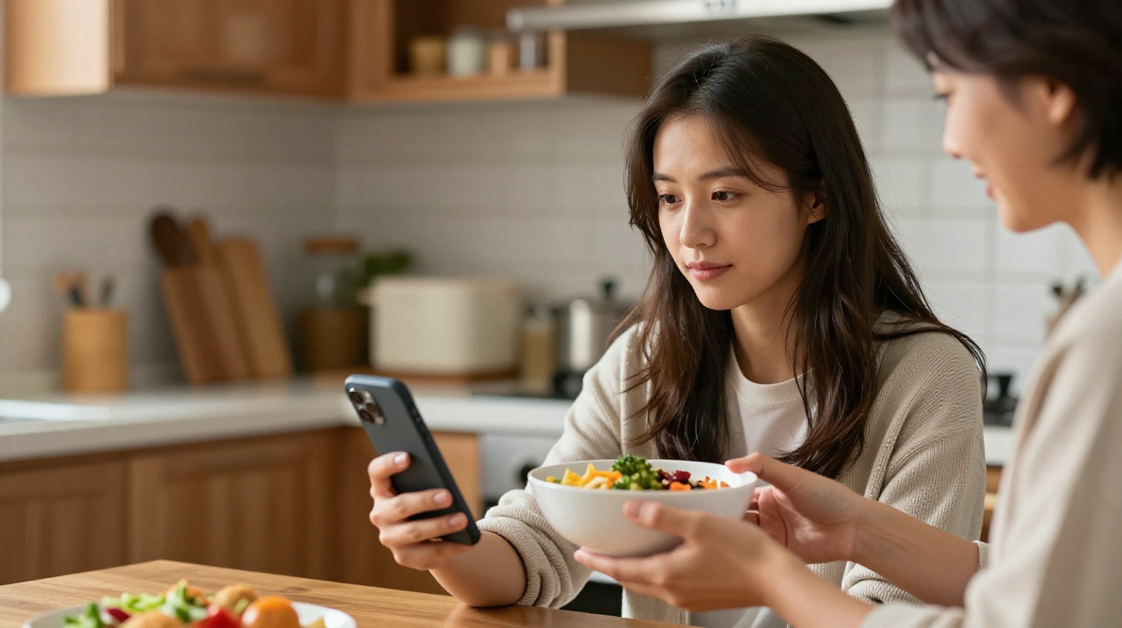 A young Chinese new mother interacting with her mother-in-law in the kitchen during postpartum recovery