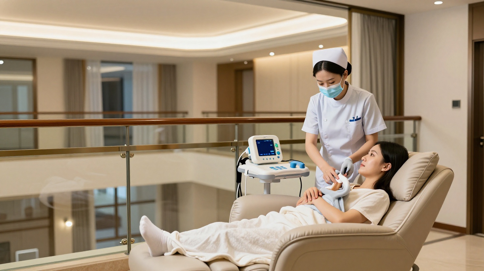 Professional care staff attending to a newborn and mother inside a modern confinement center in China