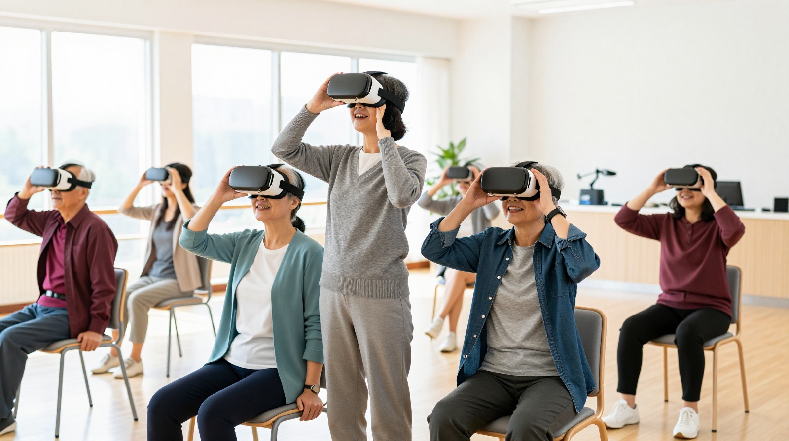Elderly Chinese seniors participating in a VR experience class at a community center in China