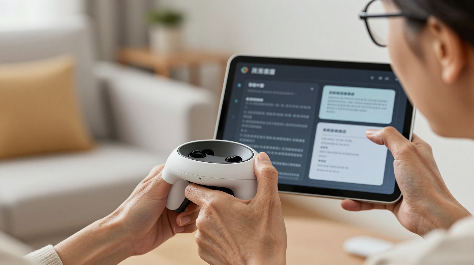 Close up of senior using simplified VR interface on tablet in China